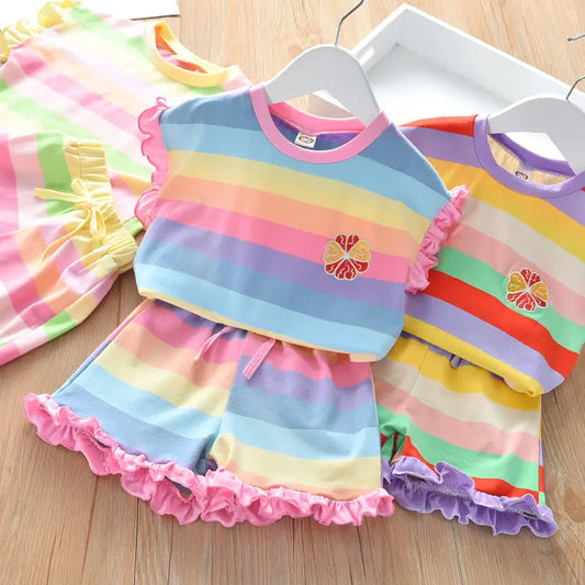 Children's Clothing Sets Floral Embroidery Short Sleeve Lace Top + Striped Printed Shorts 2pcs Sets Kids Clothes for Girls